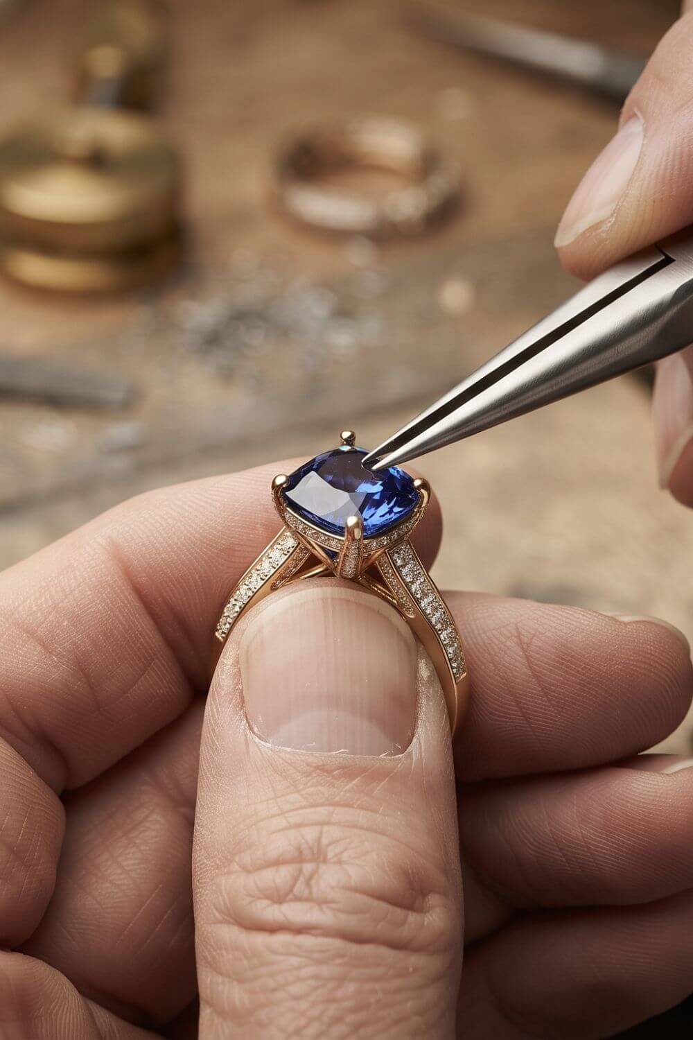 HOME A master artisan using precision tools to delicately hand-set a cushion-cut blue sapphire into a gold ring setting