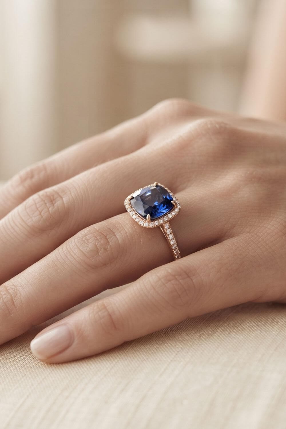 HOME An elegant woman's hand wearing a sophisticated royal blue Ceylon sapphire engagement ring with a diamond halo, photographed in a luxury editorial style