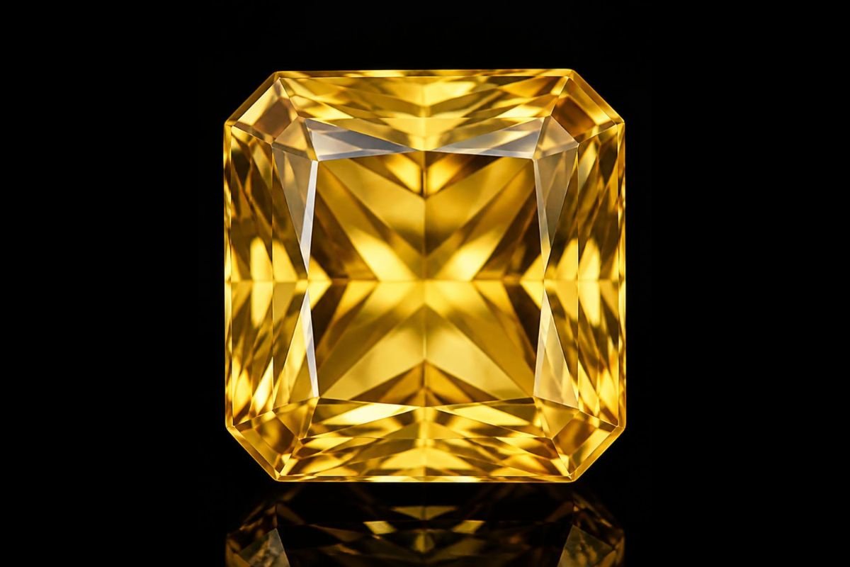 Exceptional radiant-cut golden-yellow Ceylon sapphire with warm honey-yellow hues, expertly faceted for maximum brilliance against a dramatic obsidian black background.