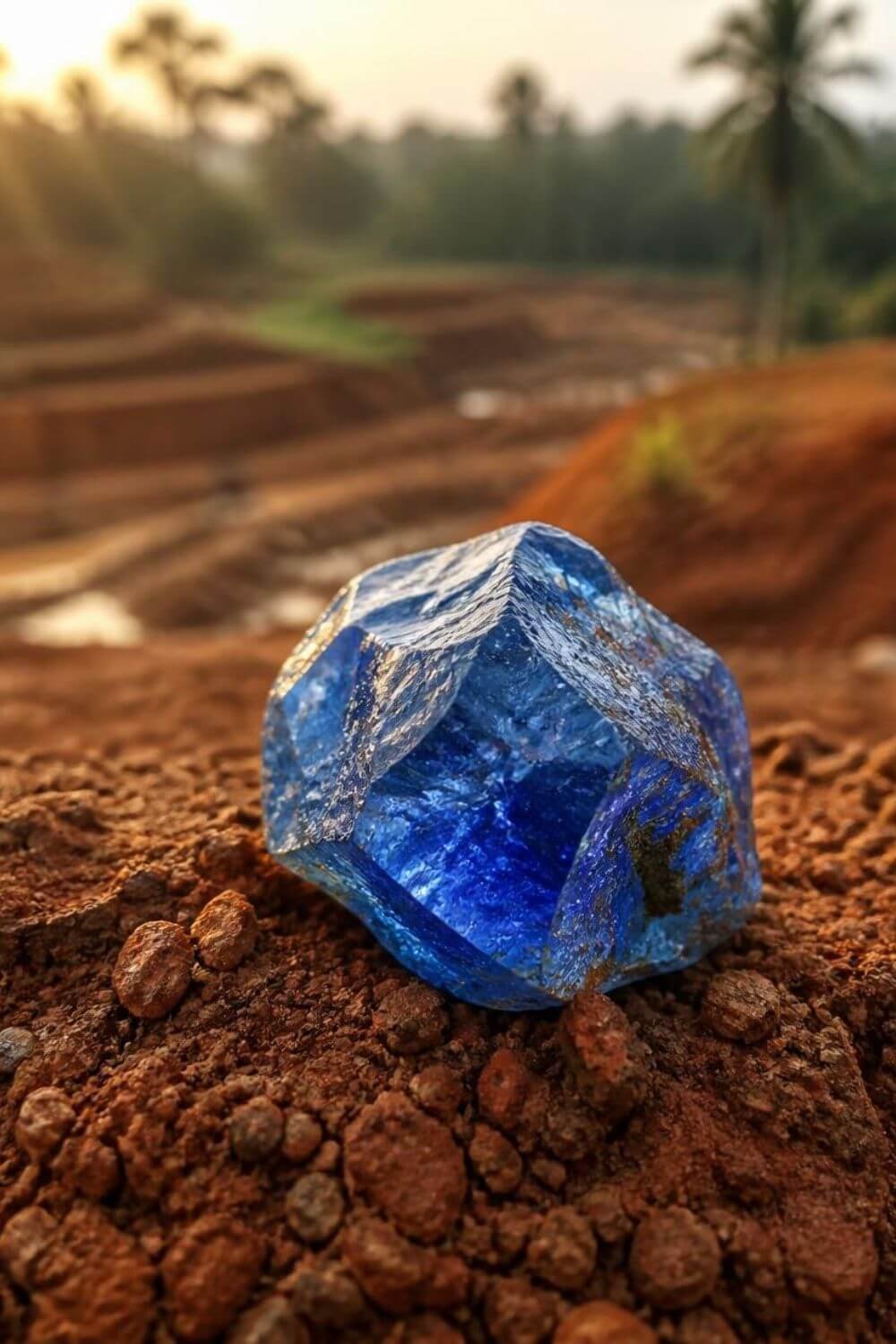 HOME A raw, deep blue sapphire crystal resting on iron-rich red soil in a Sri Lankan mining field, representing the raw origin of Pacific Lanka Gems